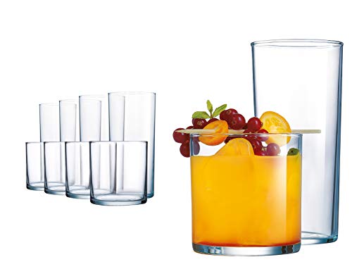 Elegant Drinking Glasses, 8 Highball Glasses (16oz) and 8 Rocks Glass (12oz), Set of 16 Durable Glass Cups — Lead-Free Clear Glassware Set