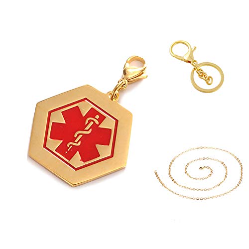 LiFashion LF 316L Stainless Steel IP Gold Plated Sos DNR Medical Alert Hexagon ID Tag Key Ring Keychain Charm Pendant Necklace for Men Women Teens Health Alert Monitoring Systems(Do Not Resuscitate)