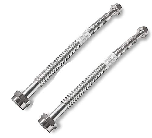 2 Pack Heavy Duty Durable Stainless Steel Corrugated Water Flex Connector with Extra Thick Washers for Water Heater and Water Softener (18x1 FIP)