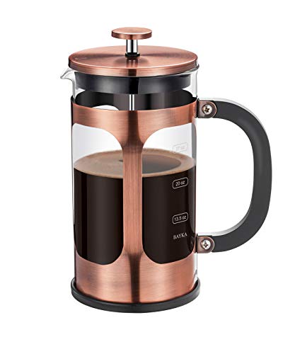 BAYKA French Press Coffee Tea Maker, 304 Stainless Steel Coffee Press with 4 Level Filtration System, Heat Resistant Thickened Borosilicate Glass, 34 Ounce, Copper