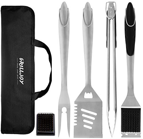 grilljoy 6PCS Heavy Duty BBQ Grill Tools Set - Extra Thick Stainless Steel Spatula, Fork, Tongs & Cleaning Brush - Complete Barbecue Accessories Kit with Portable Bag - Perfect Grilling Tool Set Gift