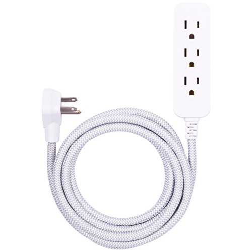 GE Designer Extension Cord With Surge Protection, Braided Power Cord, 8 ft, 3 Grounded Outlets, Flat Plug, Premium, Gray/White, 38433