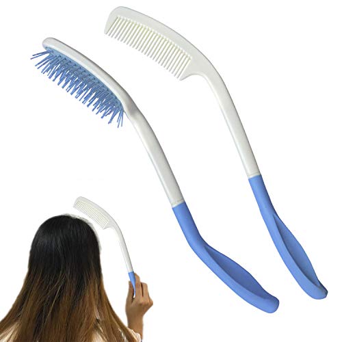 Hair Comb and Brush with Long Reach handle, Long Handled Hair Brush and Comb Set for Elderly, Strokes& Arthritis