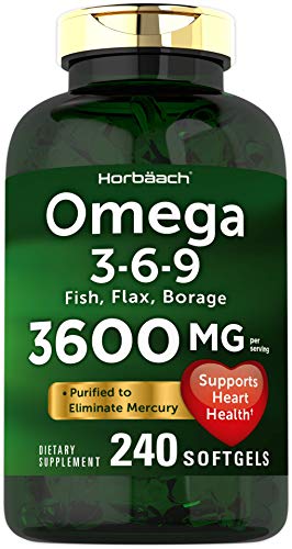 Triple Omega 3-6-9 3600 mg 240 Softgels | from Fish, Flaxseed, Borage Oils | Non-GMO & Gluten Free | by Horbaach