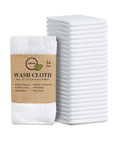 Softolle 100% Cotton Ring Spun Wash Cloths – Bulk Pack of 24 Pieces Washcloths – 12x12 Inches – Wash Cloth for Face, Highly Absorbent, Soft and Face Towels