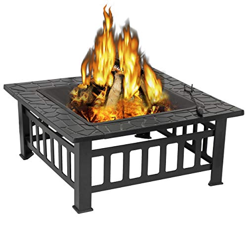 ZENY Outdoor 32’’ Metal Fire Pits BBQ Square Table Backyard Patio Garden Stove Wood Burning Fireplace with Spark Screen Cover,Poker,Cover,Grill