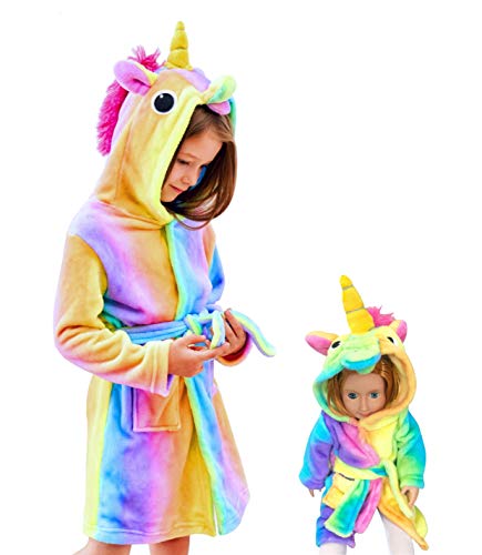 Soft Unicorn Hooded Bathrobe Sleepwear for Matching Doll & Girls (Rainbow, 10-11 Years)