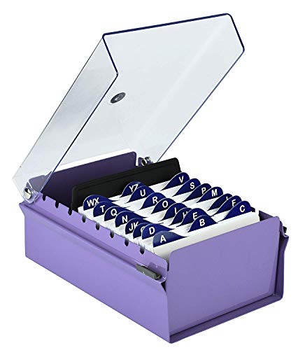 Acrimet 3 x 5 Card File Holder Organizer Metal Base Heavy Duty (AZ Index Cards and Divider Included) (Purple Color with Clear Crystal Plastic Lid Cover)