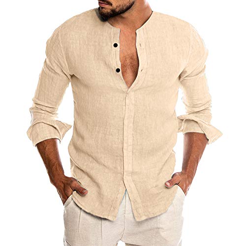 COOFANDY Men's Long Sleeve Linen Cotton Beach Shirts Yoga Loose Fit Button Down Shirt Khaki