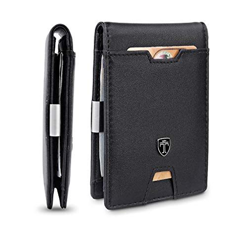 TRAVANDO Slim Wallet with Money Clip AUSTIN RFID Blocking Card Mini Bifold Men (Smooth Leather, Black)