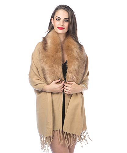Lucky Leaf Cold Weather Luxurious Faux Fur Collar Joint Large Wrap Scarf for Ladies (Wrap1-Camel)