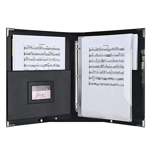 Eastar ESMF-1 Leather Sheet Music Folder, New Version 3 Rings Binder 13.5' x 10.5' Concert Choral Holder with Elastic Hand Strap,15 Pockets for Sheets A4 (New 3-Ring Version)