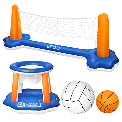 QPAU Inflatable Pool Float Set, Basketball Hoop and Volleyball Net, Swimming Game Pool Toys for Kids and Adults