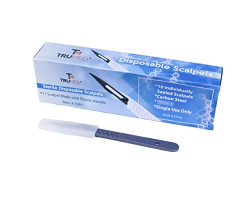 TruMed Disposable Scalpels | #11 High-Carbon Steel Blade | Surgical / Dermaplaning Tool | Plastic Handle | Sterile Medical Podiatry Tools | Individually Foil Wrapped ● Box of 10