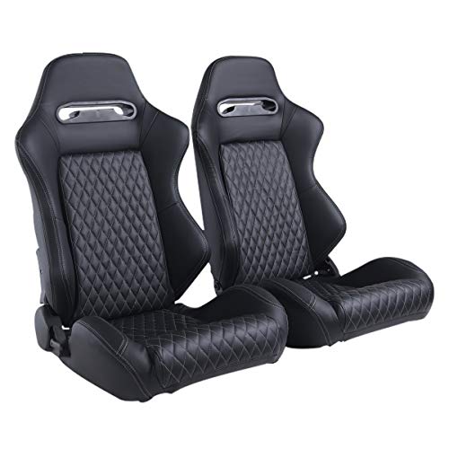 2PCS Universal PVC Leather Racing Seats, Reclinable Bucket Seat Come with Two Adjustable Slider, Mounting Brackets are NOT Include (Black & White)
