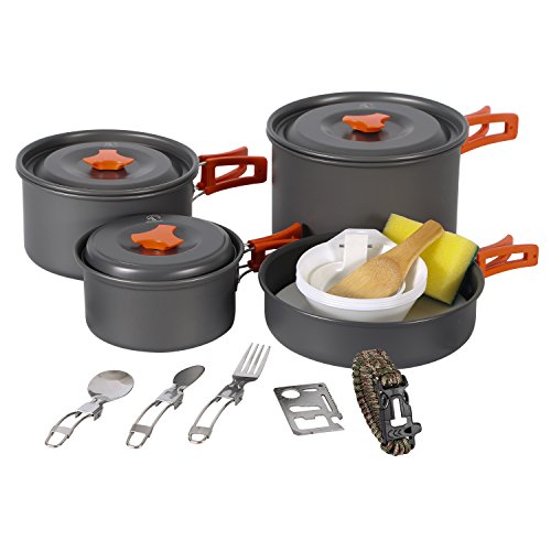 REDCAMP 23 PCS Camping Cookware Set for Family, Compact & Folding Backpacking Cookset for 4-5 Persons, Anodized Aluminum Lightweight Camping Pots and Pans Set