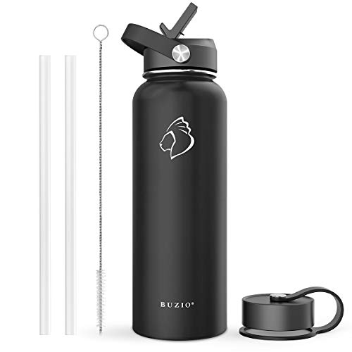 BUZIO Stainless Steel Water Bottle (Cold for 48 Hrs, Hot for 24 Hrs), 40 oz Vacuum Insulated Water Bottle with Straw Lid and Flex Cap (Double Wall, Wide Mouth, BPA Free, Leak Proof, Sweat Free), Black