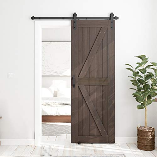 SMARTSTANDARD 30in x 84in Sliding Barn Door with 5ft Barn Door Hardware Kit & Handle, Pre-Drilled Ready to Assemble, DIY Unfinished Solid Spruce Wood Panelled Slab, K-Frame, Brown