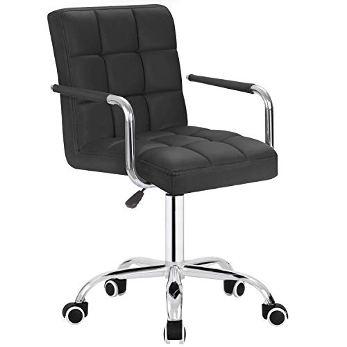 Furmax Mid-Back Office Task Chair Ribbed PU Leather Executive Chair Modern Adjustable Home Desk Chair Retro Comfortable Work Chair 360 Degree Swivel with Arms (Black)