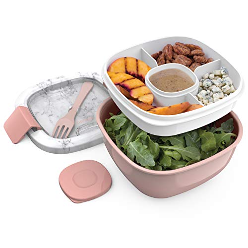 Bentgo Salad BPA-Free Lunch Container with Large 54-oz Bowl, 3-Compartment Bento-Style Tray for Salad Toppings and Snacks, 3-oz Sauce Container for Dressings, and Built-In Reusable Fork (Blush Marble)