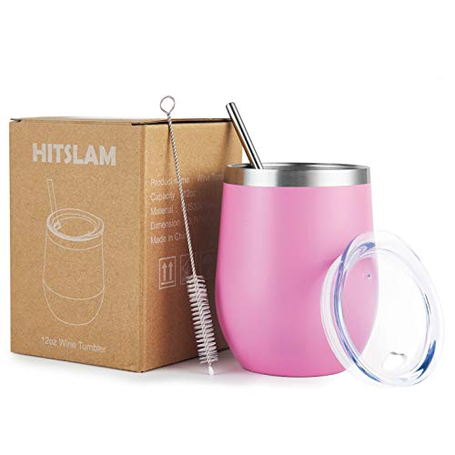 HITSLAM Wine Tumbler 12oz Stainless Steel Tumbler Vacuum Insulated Wine Glass Double Wall Coffee Mug for Champaign, Beer, Office use includes Straw Lid, Straw, Cleaning Brush (Pink)