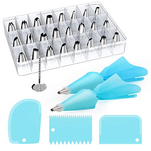 Kootek 32-Piece Cake Decorating Supplies Tips Kits Stainless Steel Baking Supplies Icing Tips with Pastry Bags, 3 Icing Smoothers, 1 Flower Nails and 2 Reusable Coupler