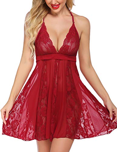 Avidlove Sexy Nightgowns for Women Lace Chemise Lingerie Valentine's Babydoll Dark Red,XL