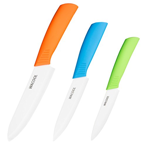 WACOOL Ceramic Knife Set 3-Piece (Includes 6-inch Chef's Knife, 5-inch Utility Knife and 4-inch Fruit Paring Knife), with 3 Knife Sheaths for Each Blade (Colorful Handle)