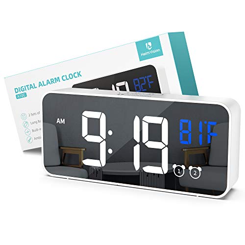 heimvision LED Digital Alarm Clock, Dual Alarm, 5 Brightness&13 Ringtones, 12/24H, Bedside Clock with Built-in Sound Senor, Temperature, Snooze, Portable Clock for Bedroom, Home and Travel