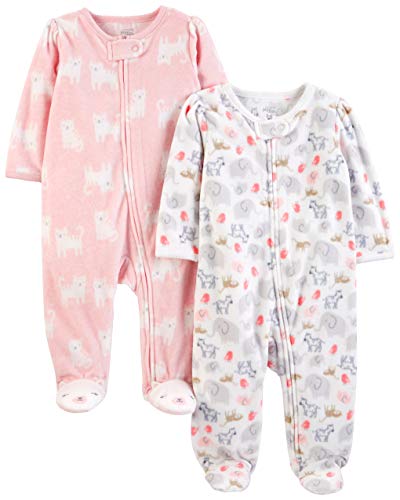Simple Joys by Carter's Girls' 2-Pack Fleece Footed Sleep and Play, White Animals Green/Pink Kitty, 6-9 Months