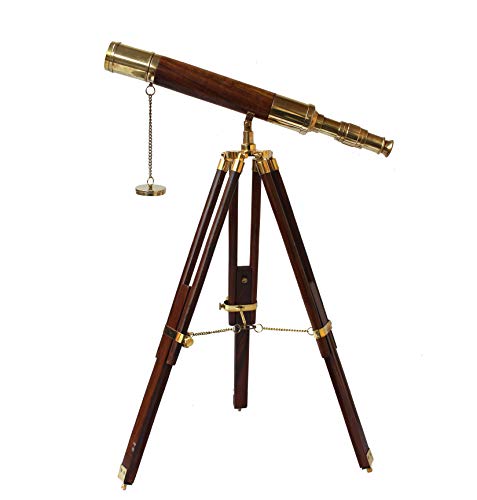 A Vintage Table Decorative Shiny Brass Tube Telescope with Antique Wooden Tripod High Magnification Sailor Article