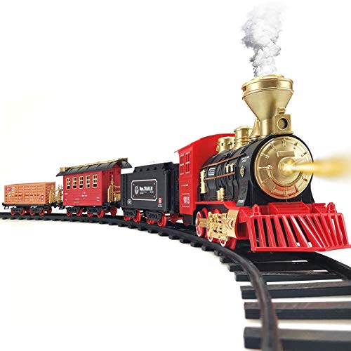 Train Set - 2020 Updated Electric Train Toy for Boys w/ Smokes, Lights &Sound, Railway Kits w/ Steam Locomotive Engine, Cargo Cars & Tracks, Gifts for 3 4 5 6 7 8+ Year Old Kids