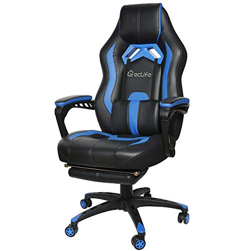 Gaming Chair Racing Style Office Chair Video Game Chair,High Back PU Leather PC Racing Computer Desk Office Swivel Recliner with Retractable Footrest and Adjustable Lumbar Cushion Support (Blue)