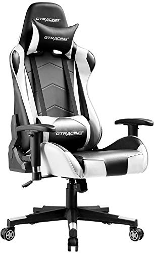 GTRACING Gaming Chair Racing Office Computer Ergonomic Video Game Chair Backrest and Seat Height Adjustable Swivel Recliner with Headrest and Lumbar Pillow E-Sports Chair White