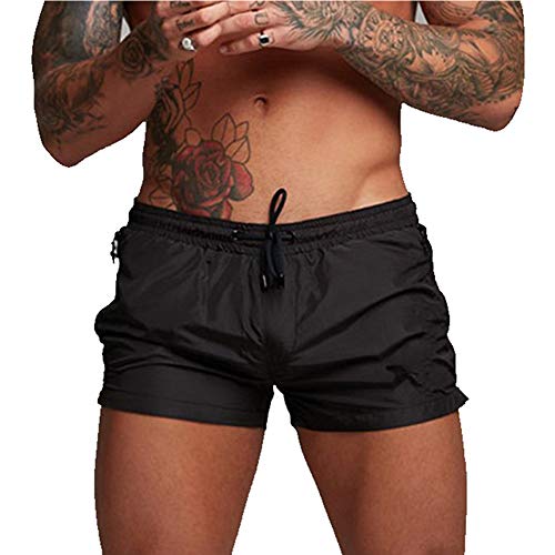 PIDOGYM Men's Swimwear Shorts Swim Trunks Quick Dry Lightweight with Zipper Pockets for Running,Black,Medium