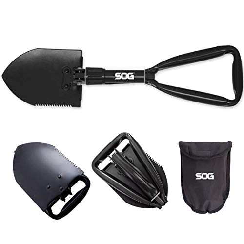 SOG Folding Shovel Survival Shovel – Entrenching Tool 18.25 Inch Foldable Shovel Camping Shovel w/ Wood Saw Edge and Tactical Shovel Carry Case (F08-N),black