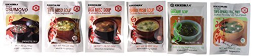 Kikkoman Instant Soup 6 Variety Pack - Miso-tofu , Tofu- Spinach Soup, Shiro Miso , Aka Miso , Osuimino Japanese Clear, Wakame