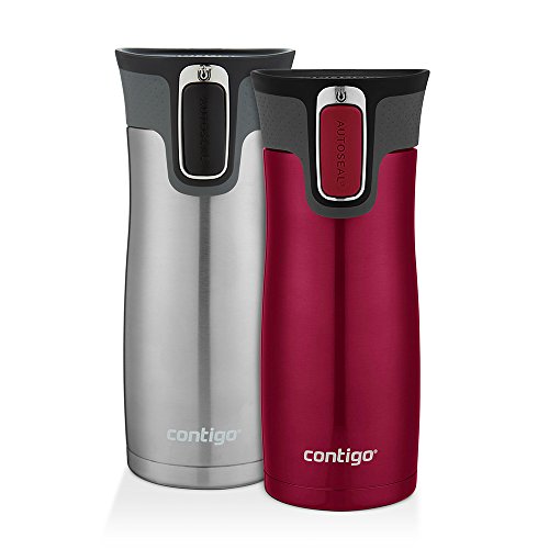 Contigo Autoseal West Loop Vacuum-Insulated Stainless Steel Travel Mug, 16 Oz, Stainless Steel & Very Berry, 2-pack