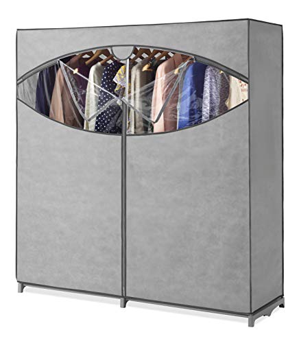 Whitmor Portable Wardrobe Clothes Storage Organizer Closet with Hanging Rack - Extra Wide -Grey Color - No-tool Assembly - Extra Strong & Durable - 60'W x 19.5'D x 64' L - Not for outside use