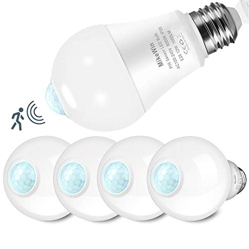 MikeWin Motion Sensor Light Bulbs Outdoor 4 Packs 12W(100W Equivalent) Security LED Bulb, Indoor E26, A19, 6000K Daylight Dusk to Dawn Bulb for Garage Front Door Porch Stairs Hallway