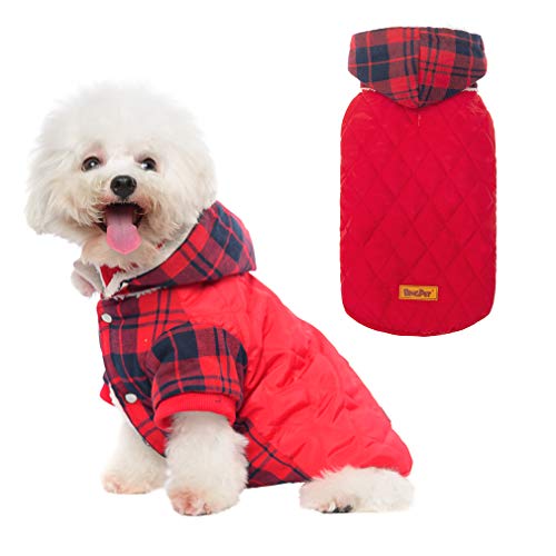 BINGPET Dog Winter Coat, Classic Plaid Dog Hoodie with Leash Hole, Cold Weather Clothes with Detachable Hat, Pet Warm Thicker Fleece Oufit for Small and Medium Large Dogs