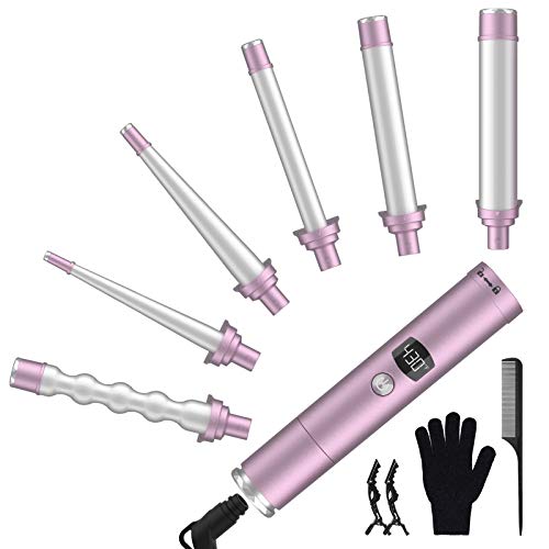 Hair Curling Iron, 6 in 1 Curling Wand Set Instant Heat Up Hair Curler with 6 Interchangeable Ceramic Barrels (0.35-1.25 Inch) for Styling All Hair Types, Dual Voltage Detachable Power Cord (Purple)
