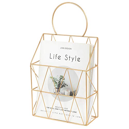 YINASI Metal Wire Magazine Holder Newspaper Organizer Storage Basket Wall Mounted for Living Room Bedroom Bathroom Office, Gold