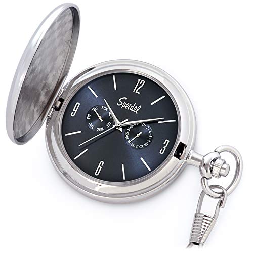 Speidel Classic Brushed Satin Silver-Tone Engravable Pocket Watch with 14' Chain, Navy Blue Dial, Seconds Hand, Day and Date Sub-Dials