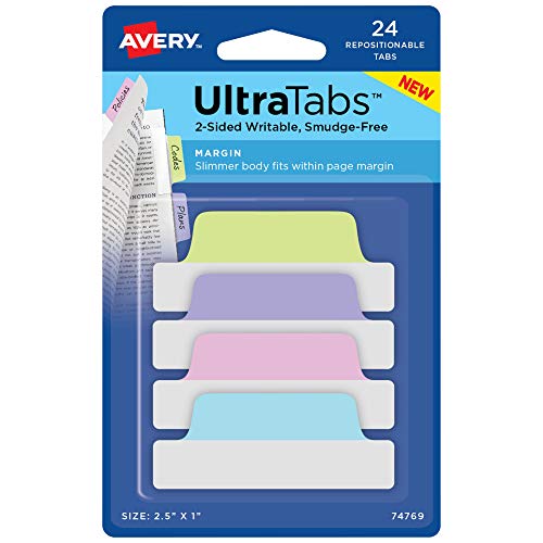 Avery 74769 Ultra Tabs, 2.5 x 1 Inch, 2-Side Writable, Pastel Blue/Pink/Purple/Green, 24 Repositionable Margin Tabs