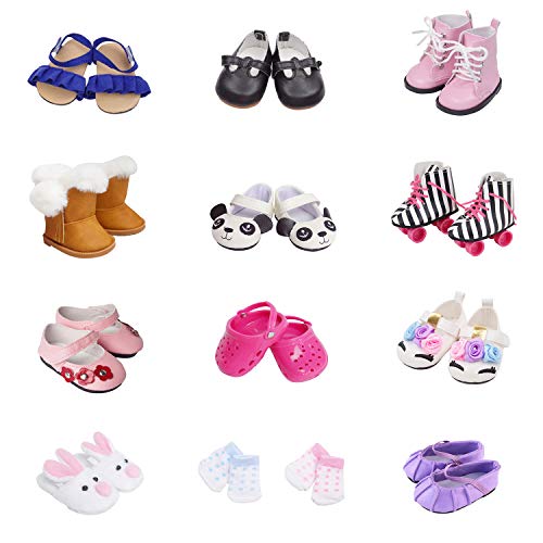 Etistta 6 Pairs of Shoes + 2 Pairs of Socks Fits for 18 inch Doll Shoes American Dolls Accessories Get Panda or Unicorn Shoes and Boots or Skates