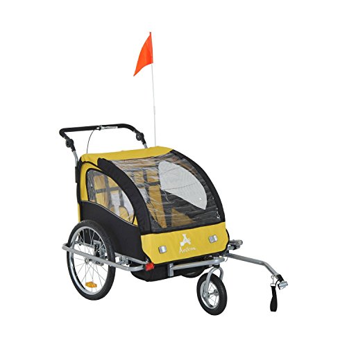 Aosom Elite 360 Swivel 2-in-1 Double Child Two-Wheel Bicycle Cargo Trailer and Jogger with 2 Safety Harnesses, Yellow