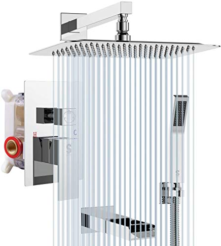 SR SUN RISE Tub Spout Shower System Combo Set with 12 Inches Rain Shower Head and Handheld Shower Head Wall Mounted Rainfall Shower Head System Polished Chrome (Contain rough-in valve body and trim)