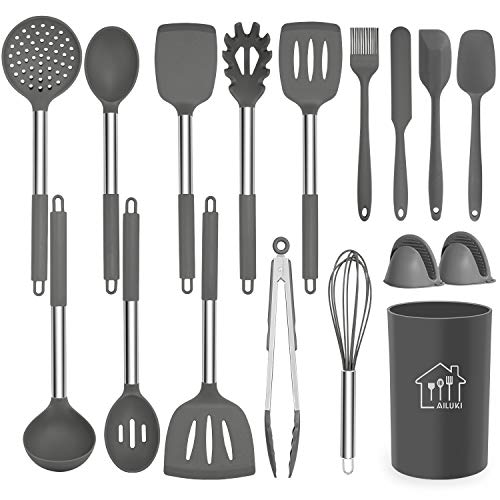 Silicone Cooking Utensil Set, AILUKI Kitchen Utensils 17 Pcs Cooking Utensils Set,Non-stick Heat Resistant Silicone,Cookware with Stainless Steel Handle - Grey