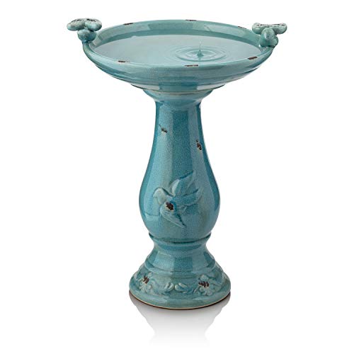 Alpine Corporation TLR102TUR Antique Turquoise Ceramic Birdbath with Birds, 24 Inch Tall, 24'